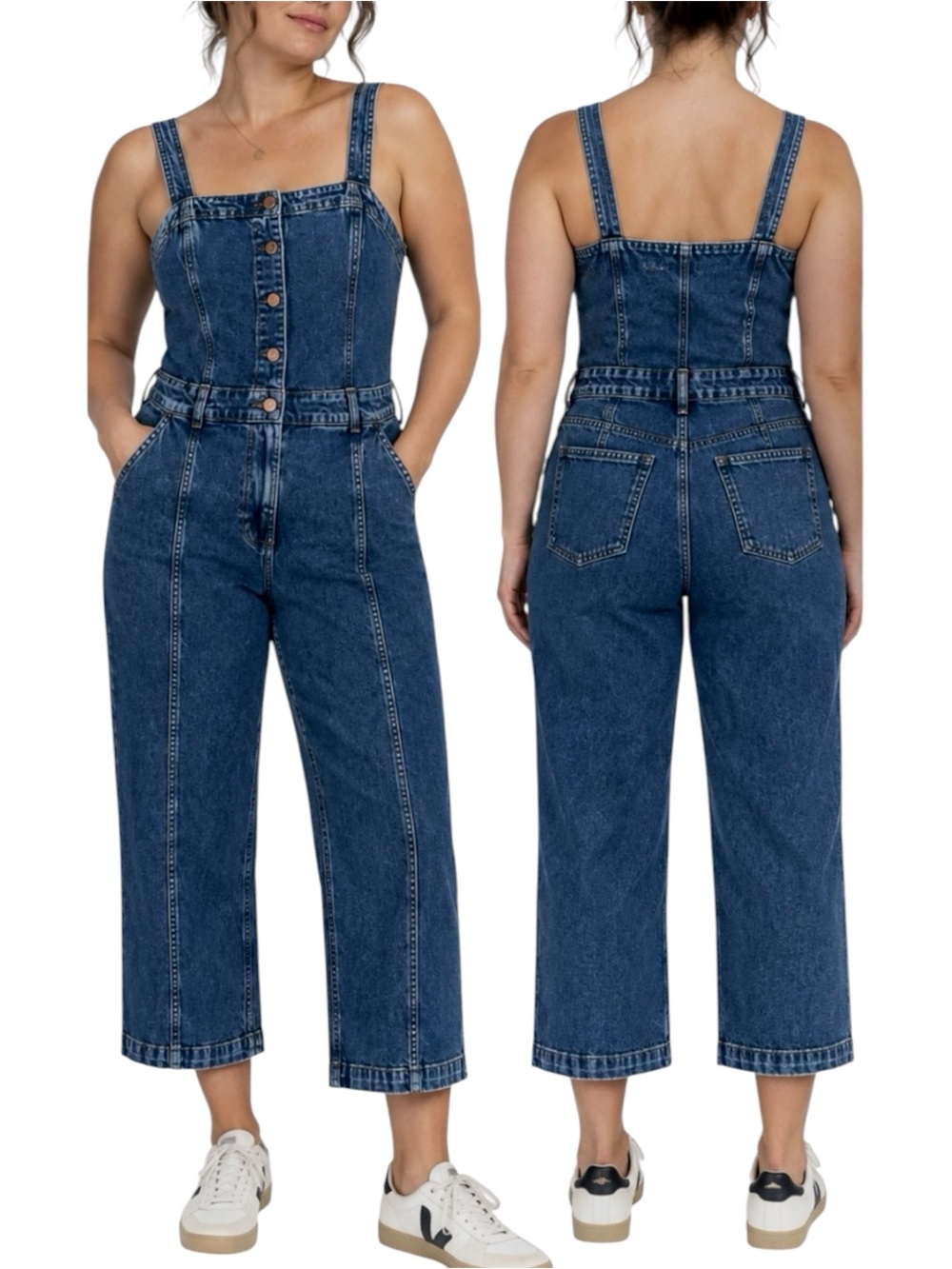 Gap Denim Jumpsuit Button Front Tank Strap Wide Leg Cropped Dark Wash 10P 32x23